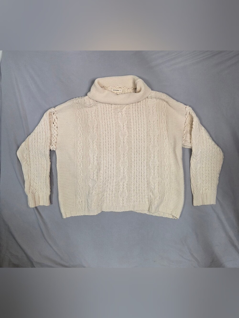 ANDTHEWHY Cream Chunky Knit Cowl Neck Sweater Braided Accent Sleeve M L
